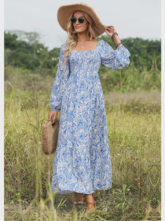 Blue & White Floral Print Maxi Tie Back Dress