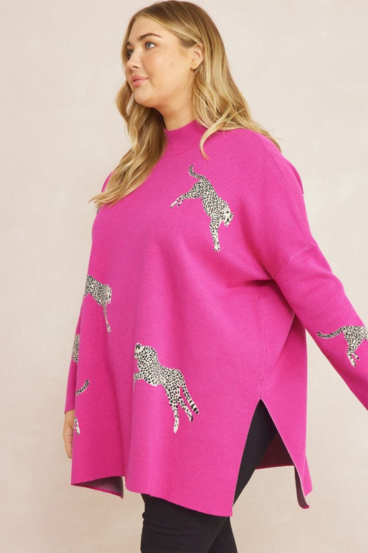Hot Pink Leopard Mock Neck Sweater