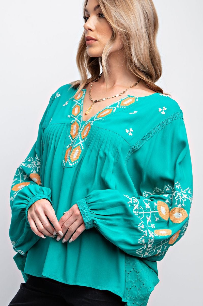 Rayon Embroidered Batwing Sleeve Blouse