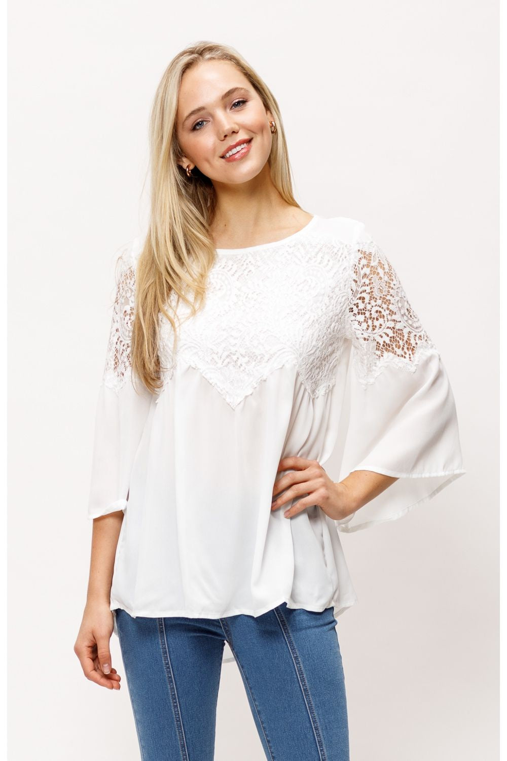 White Lace Front Bell Sleeve Blouse