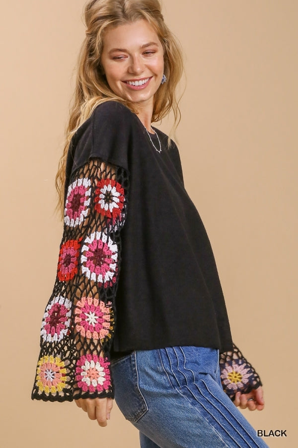 French Terry Crochet Long Sleeve Top