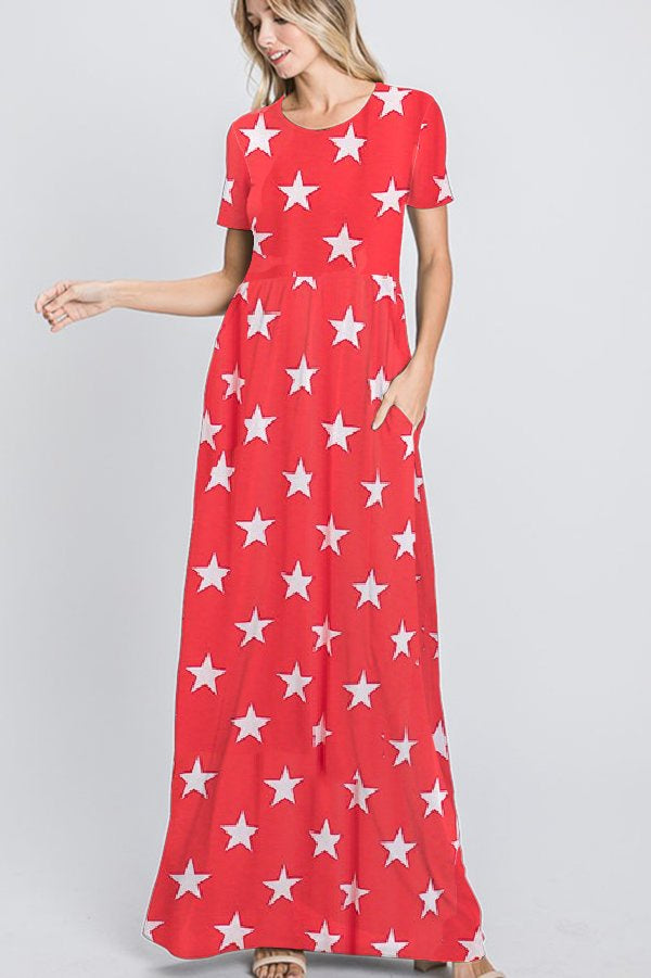 Red w/ White Stars Cap Sleeve Maxi Dress