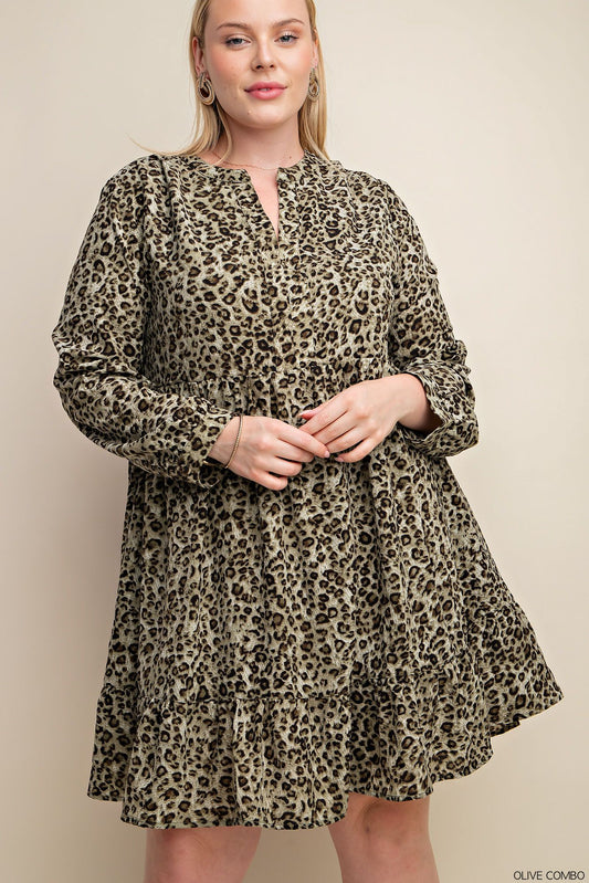 Crepe Leopard Lined V-Neck Tiered Dress