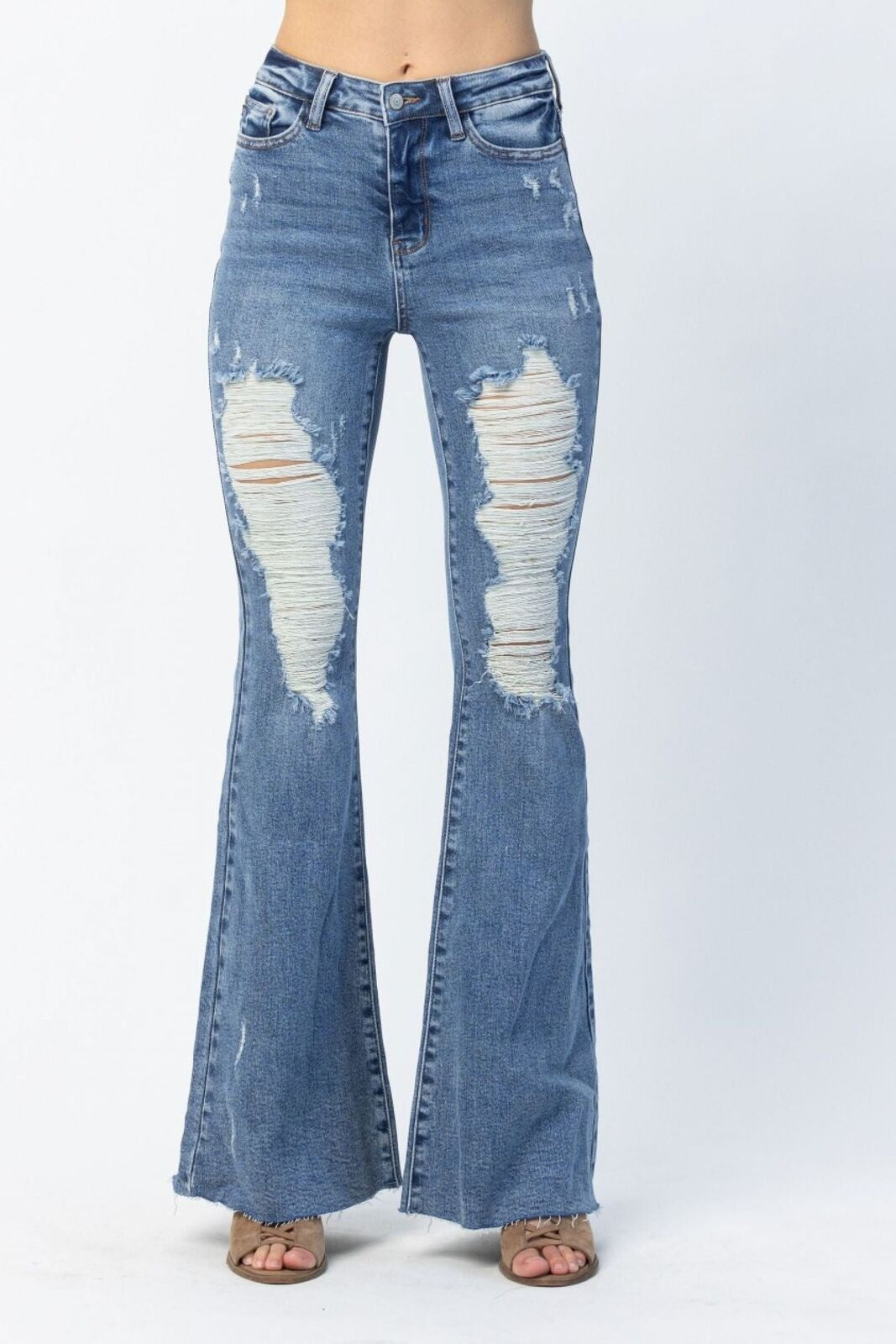 Hi-Waist Heavy Distressed Flare Jeans