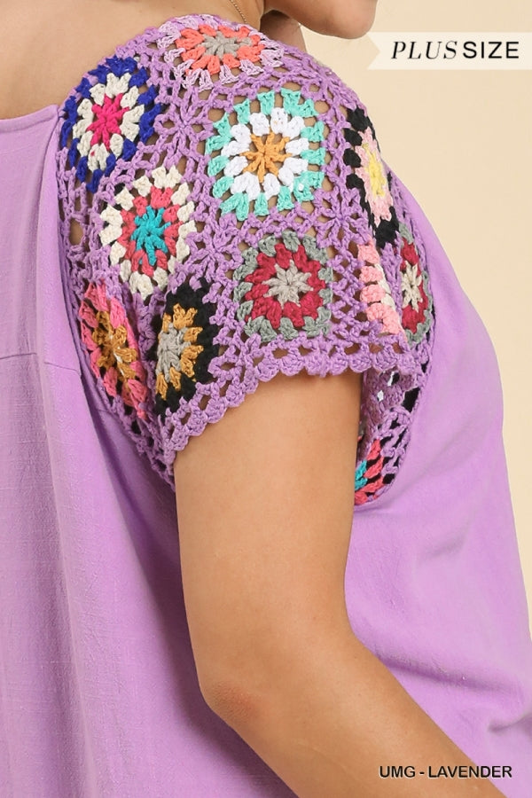 Linen Blend Crochet Short Sleeve Blouse