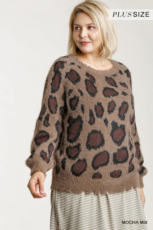 Animal Print Fuzzy Long Sleeve Knit Sweater