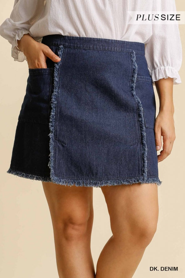 Frayed Hem Denim Skirt with Pockets