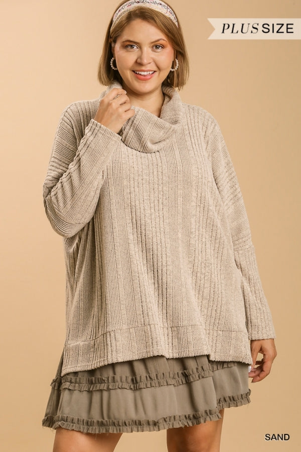 Ribbed Knit Cowl Neck Sweater