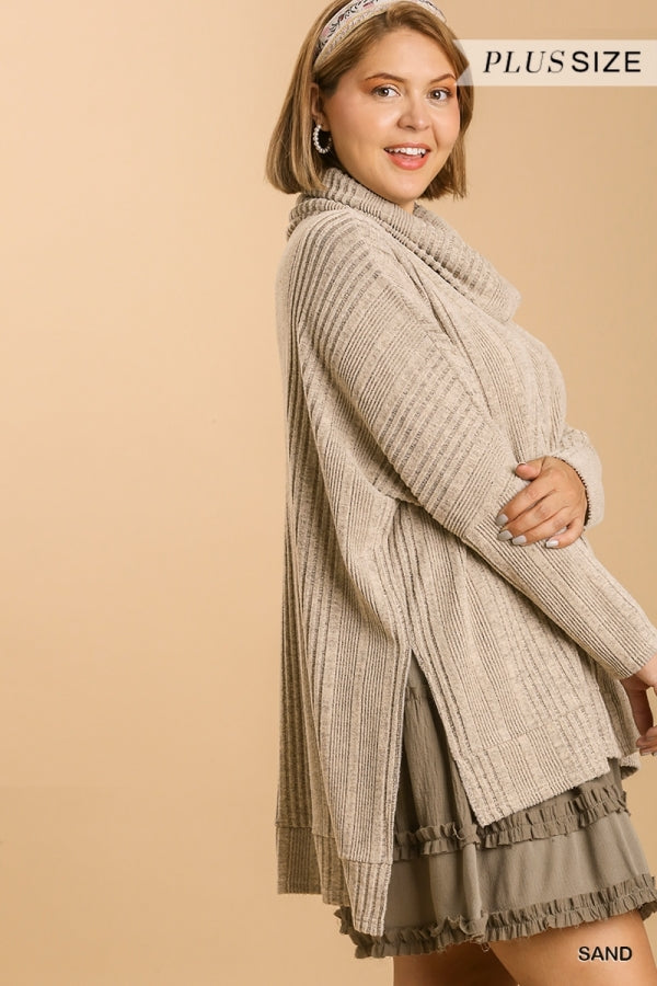 Ribbed Knit Cowl Neck Sweater