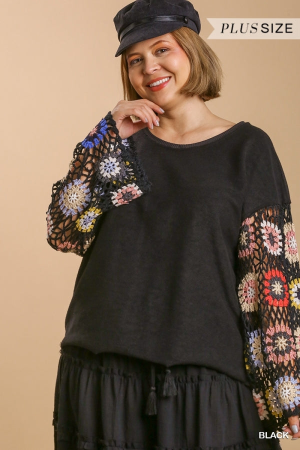 French Terry Crochet Long Sleeve Top