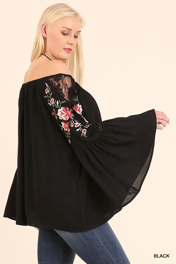 Off Shoulder Blouse with Embroidered Bell Sleeves